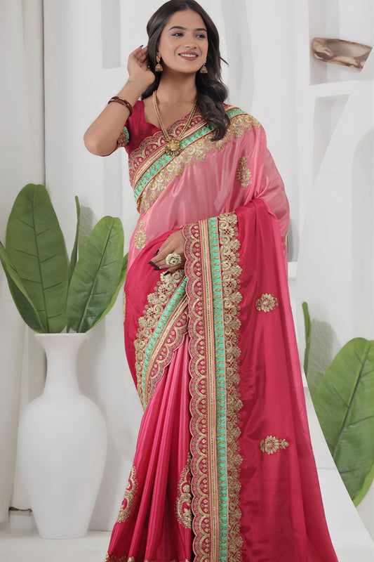 Pink Silk Saree with Gold Embroidery Turquoise Border Designer Saree