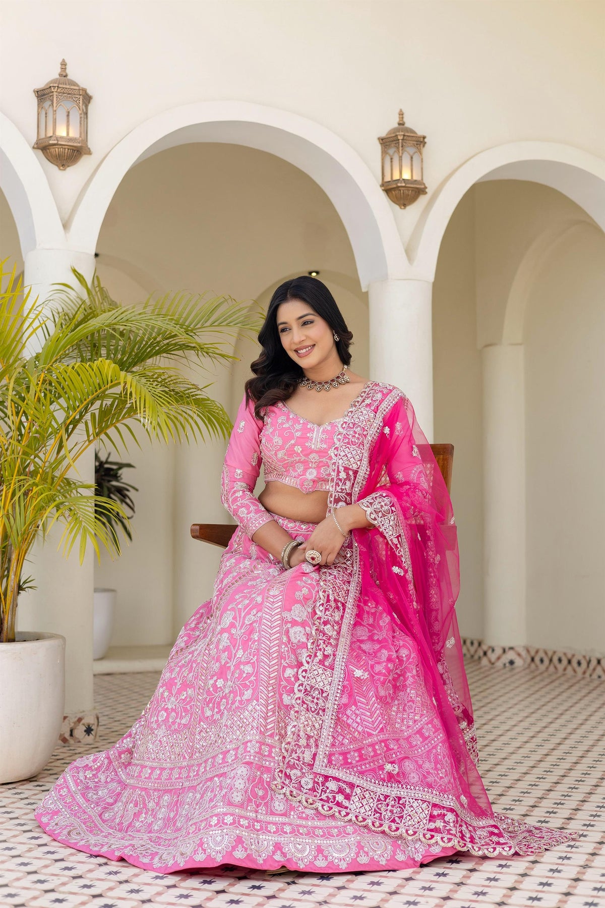 Stylish Pink Crepe Silk Embroidered Designer Lehenga Choli with Dupatta for Women