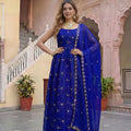 Royal Blue Fendy Silk Embroidered Party Wear Gown with Dupatta for Women