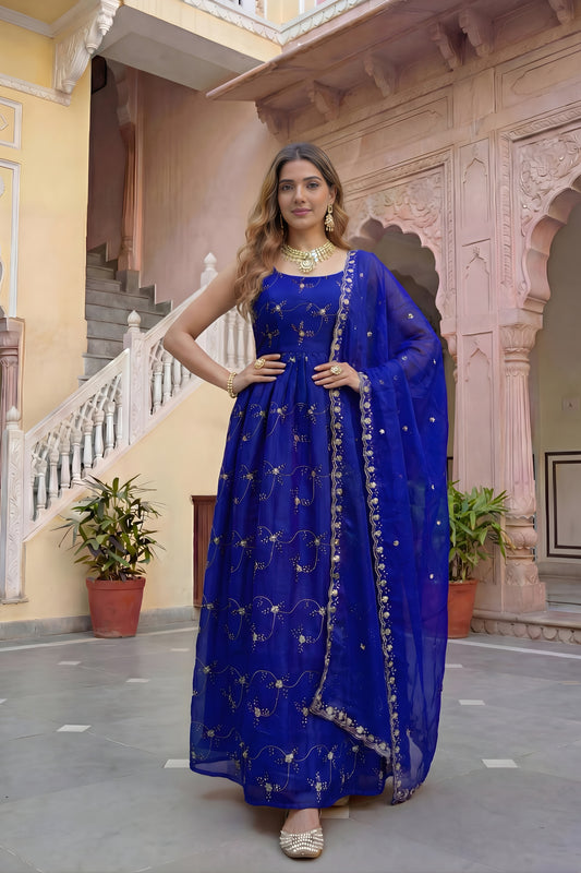 Royal Blue Fendy Silk Embroidered Party Wear Gown with Dupatta for Women