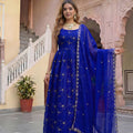 Royal Blue Fendy Silk Embroidered Party Wear Gown with Dupatta for Women