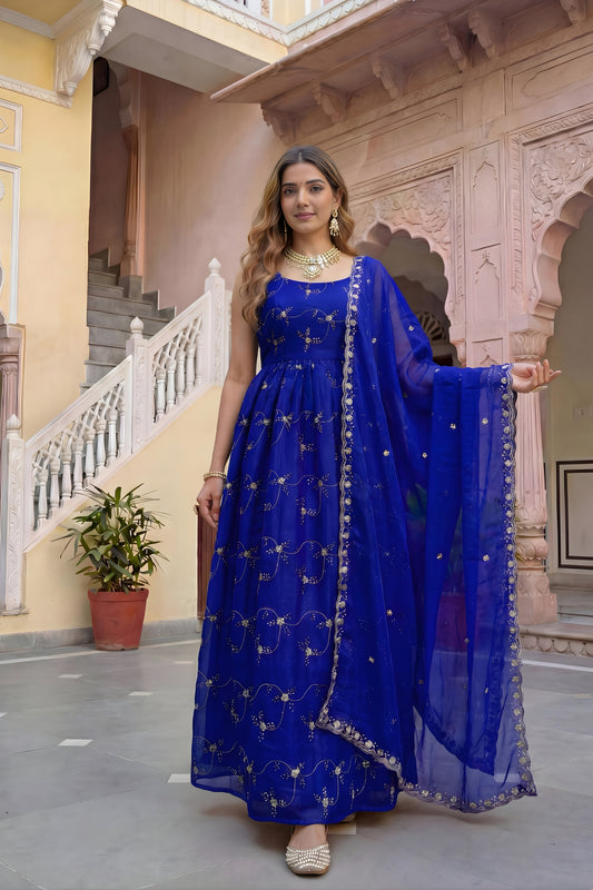 Royal Blue Fendy Silk Embroidered Party Wear Gown with Dupatta for Women