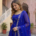 Royal Blue Fendy Silk Embroidered Party Wear Gown with Dupatta for Women