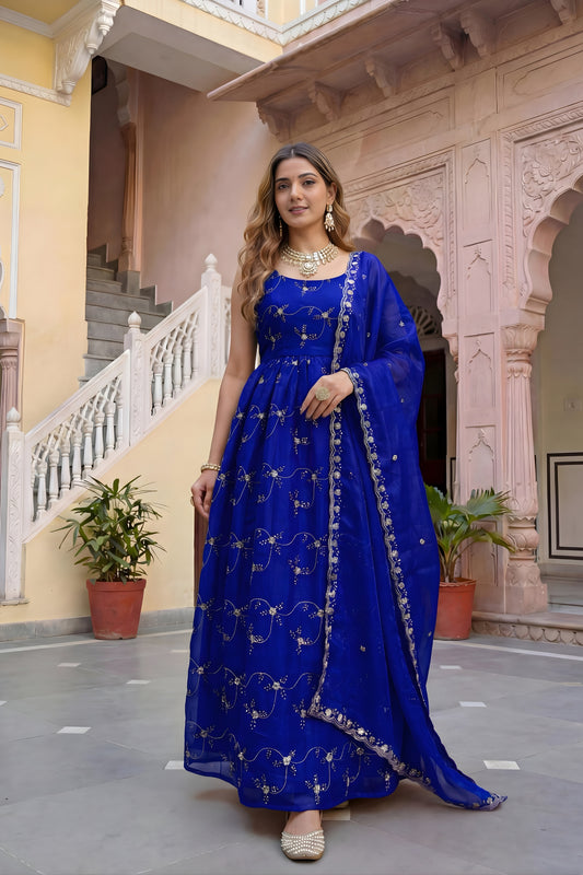 Royal Blue Fendy Silk Embroidered Party Wear Gown with Dupatta for Women