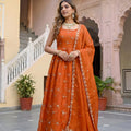 Vibrant Orange Fendy Silk Embroidered Party Wear Gown with Dupatta for Women