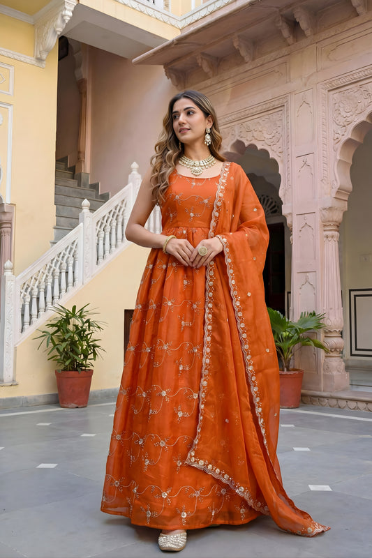 Vibrant Orange Fendy Silk Embroidered Party Wear Gown with Dupatta for Women