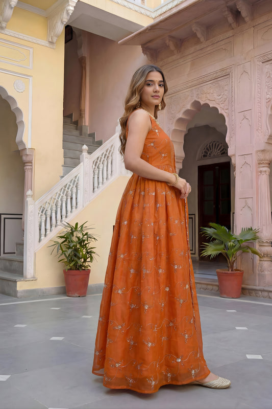 Vibrant Orange Fendy Silk Embroidered Party Wear Gown with Dupatta for Women