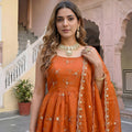 Vibrant Orange Fendy Silk Embroidered Party Wear Gown with Dupatta for Women