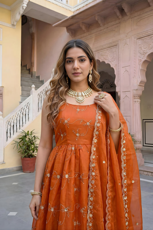 Vibrant Orange Fendy Silk Embroidered Party Wear Gown with Dupatta for Women
