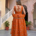 Vibrant Orange Fendy Silk Embroidered Party Wear Gown with Dupatta for Women