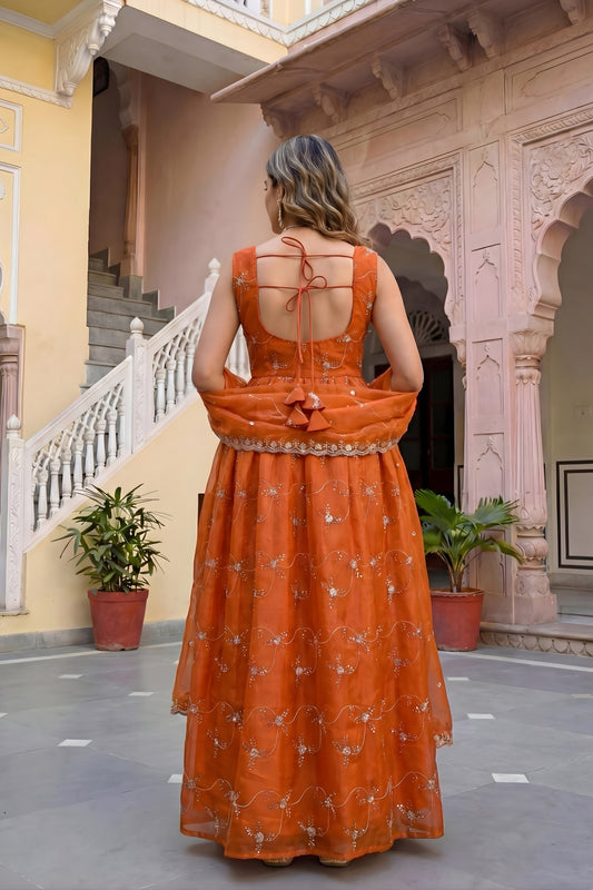 Vibrant Orange Fendy Silk Embroidered Party Wear Gown with Dupatta for Women