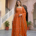 Vibrant Orange Fendy Silk Embroidered Party Wear Gown with Dupatta for Women
