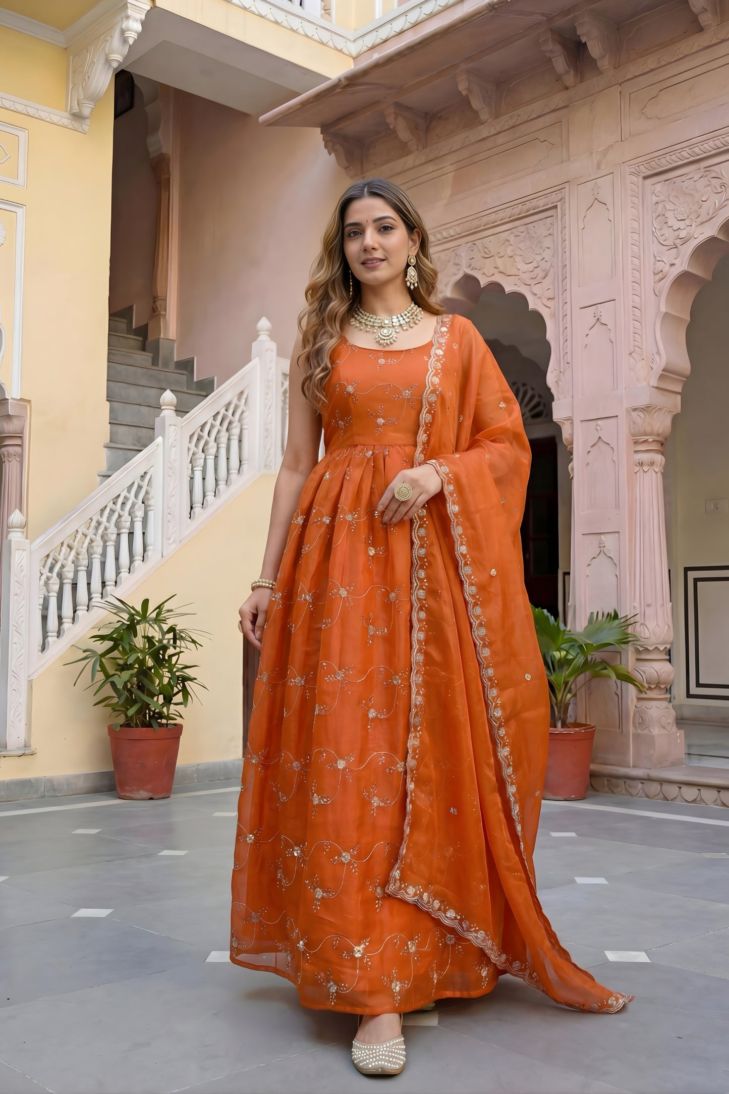 Vibrant Orange Fendy Silk Embroidered Party Wear Gown with Dupatta for Women