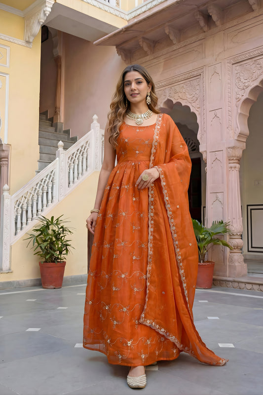Vibrant Orange Fendy Silk Embroidered Party Wear Gown with Dupatta for Women