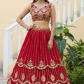 Regal Red Faux Georgette Heavy Embroidered Designer Lehenga Choli with Gold Zari Work and Dupatta