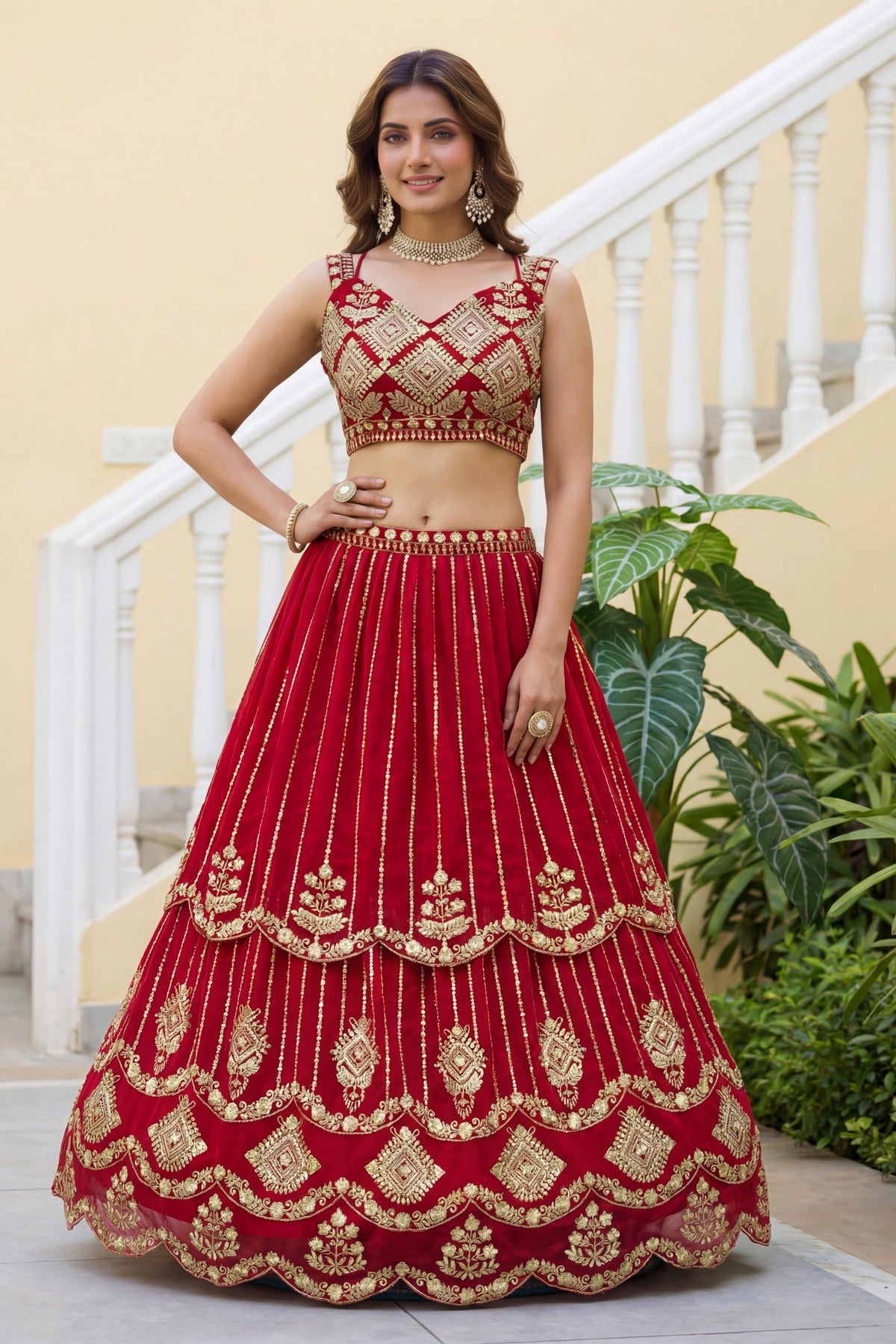 Regal Red Faux Georgette Heavy Embroidered Designer Lehenga Choli with Gold Zari Work and Dupatta
