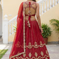 Regal Red Faux Georgette Heavy Embroidered Designer Lehenga Choli with Gold Zari Work and Dupatta