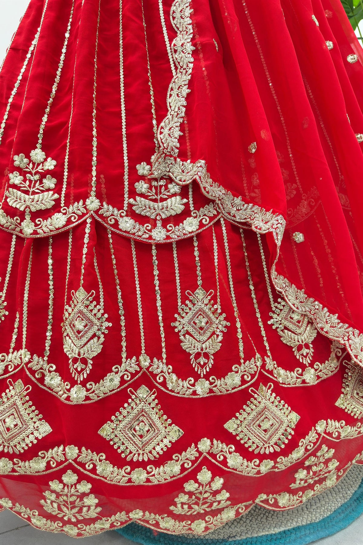 Regal Red Faux Georgette Heavy Embroidered Designer Lehenga Choli with Gold Zari Work and Dupatta