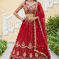 Regal Red Faux Georgette Heavy Embroidered Designer Lehenga Choli with Gold Zari Work and Dupatta