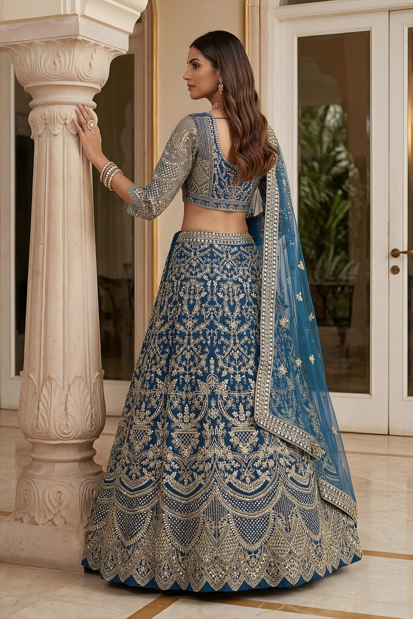 Stunning Teal Blue Butterfly Net Embroidered Bridal Lehenga Choli with Dupatta