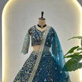 Stunning Teal Blue Butterfly Net Embroidered Bridal Lehenga Choli with Dupatta
