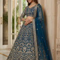 Stunning Teal Blue Butterfly Net Embroidered Bridal Lehenga Choli with Dupatta