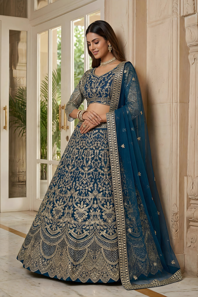 Stunning Teal Blue Butterfly Net Embroidered Bridal Lehenga Choli with Dupatta
