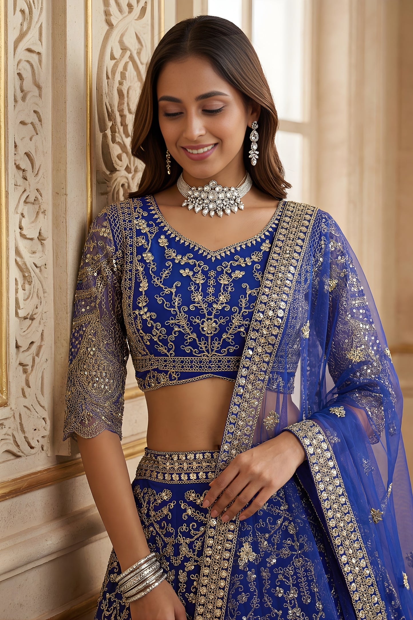 Fancy Royal Blue Butterfly Net Embroidered Bridal Lehenga Choli with Dupatta