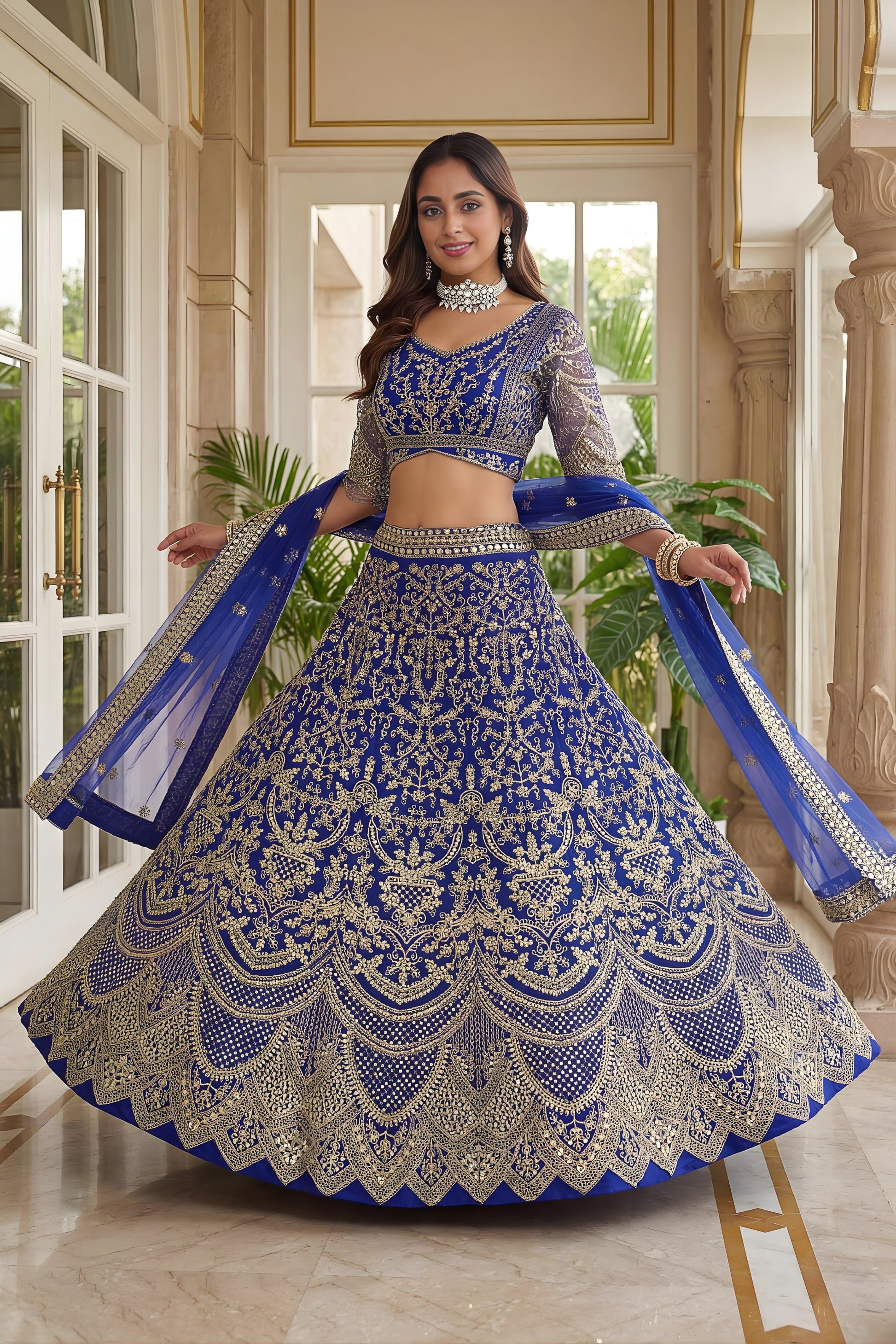 Fancy Royal Blue Butterfly Net Embroidered Bridal Lehenga Choli with Dupatta