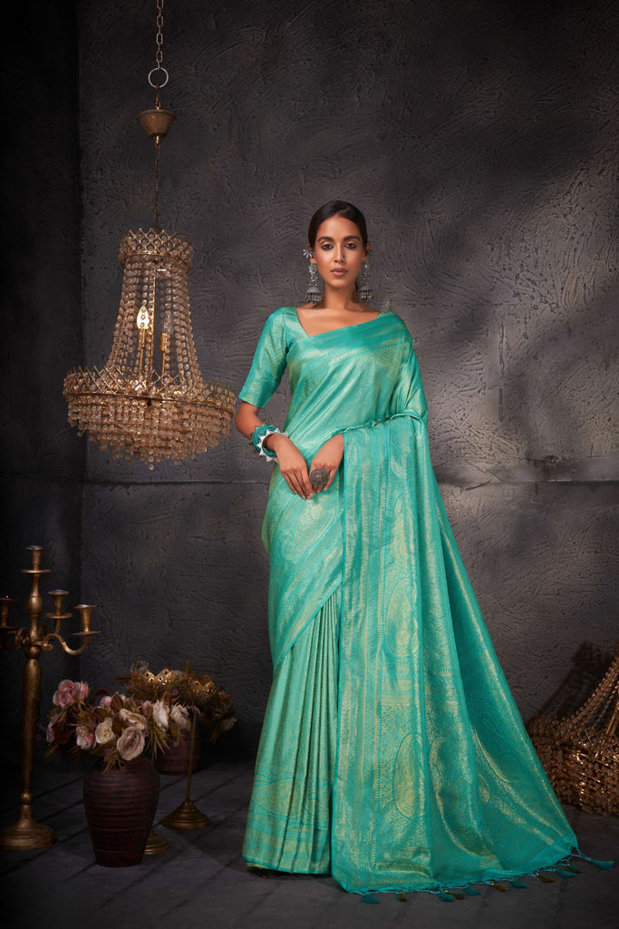 Elegant Teal Green Pure Kanjivaram Weaving Silk Saree for Women
