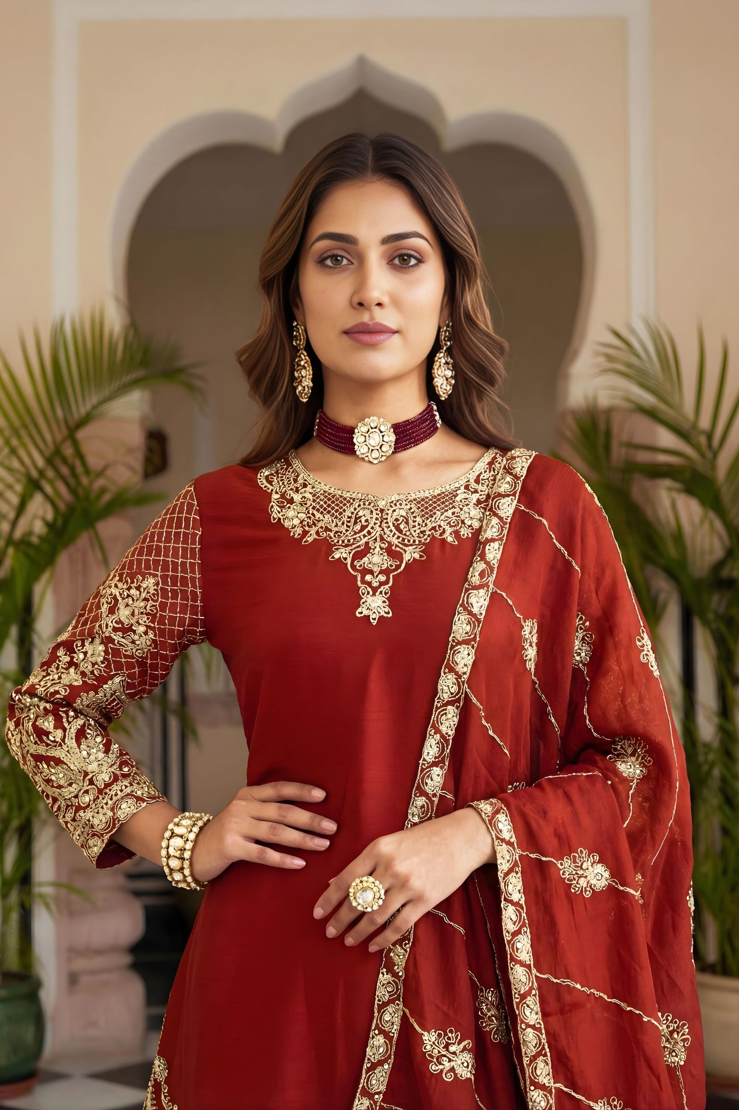 Luxury Maroon Silk Embroidered Palazzo Suit Designer Dupatta