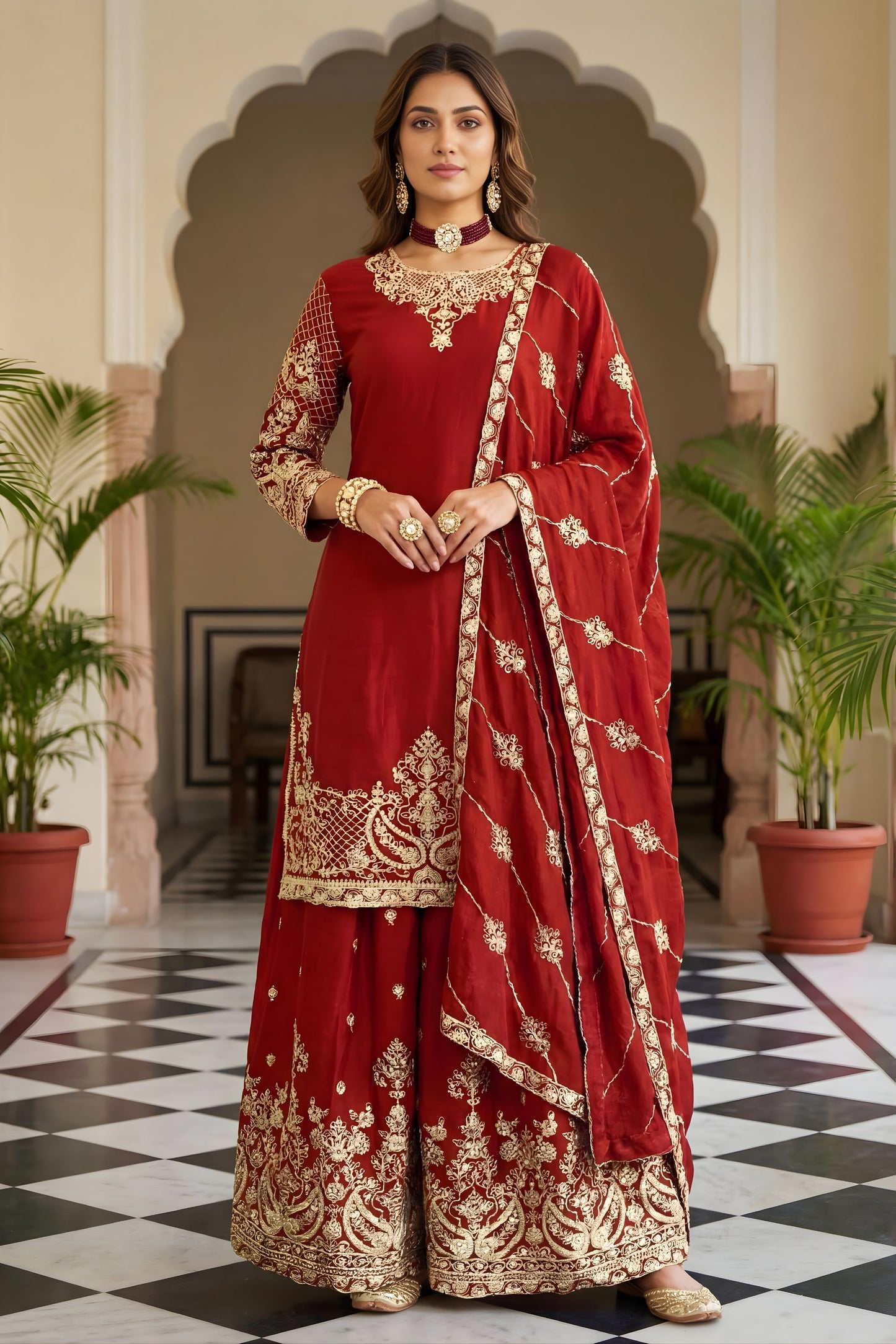 Luxury Maroon Silk Embroidered Palazzo Suit Designer Dupatta