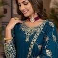 Royal Teal Blue Silk Embroidered Palazzo Suit Designer Dupatta