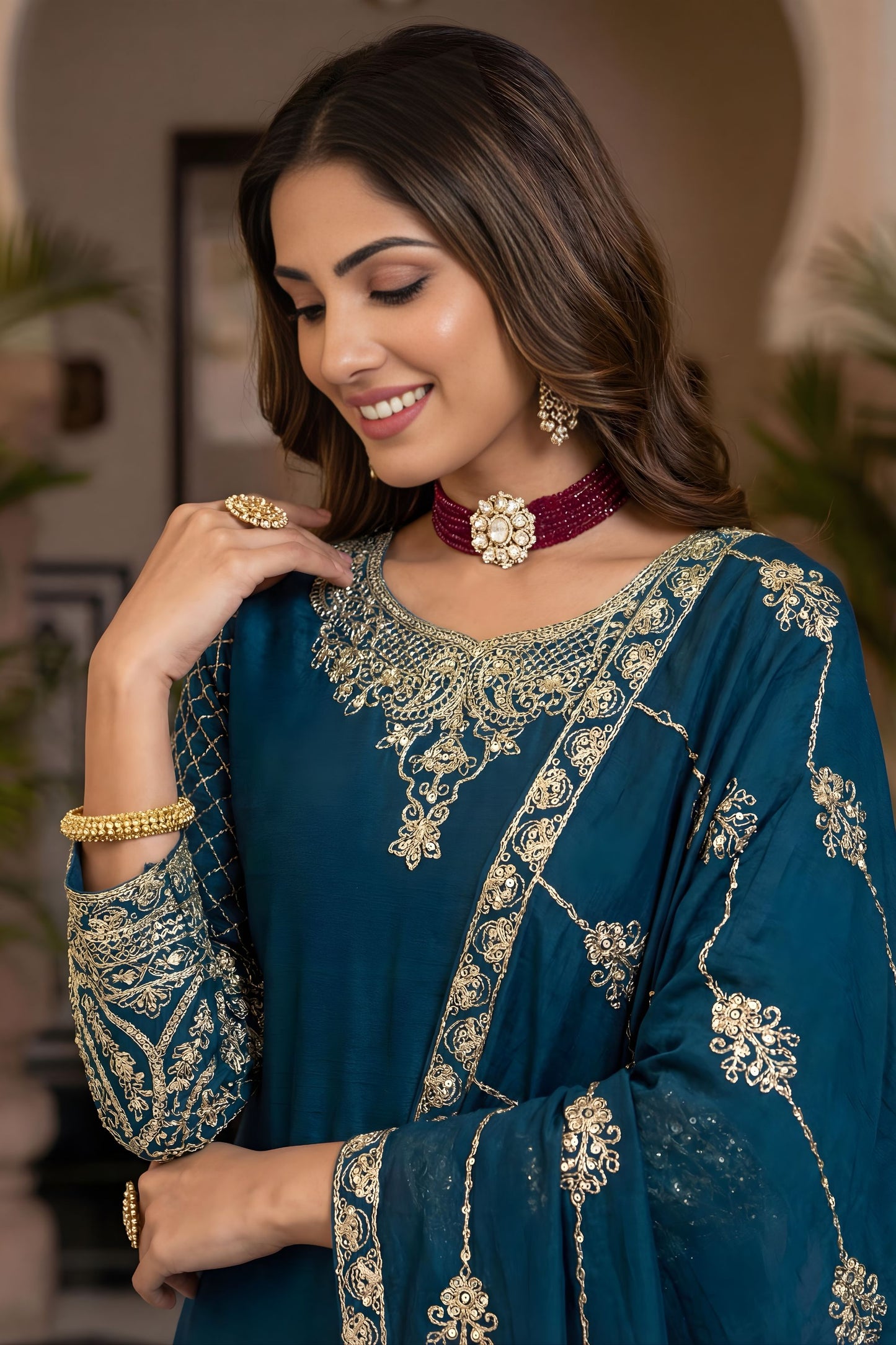 Royal Teal Blue Silk Embroidered Palazzo Suit Designer Dupatta