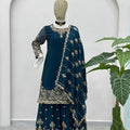 Royal Teal Blue Silk Embroidered Palazzo Suit Designer Dupatta
