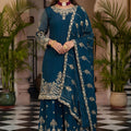 Royal Teal Blue Silk Embroidered Palazzo Suit Designer Dupatta