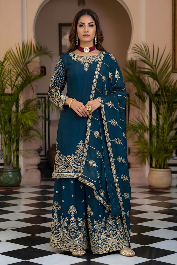 Royal Teal Blue Silk Embroidered Palazzo Suit Designer Dupatta