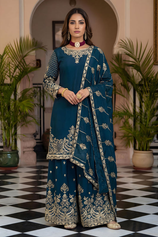 Royal Teal Blue Silk Embroidered Palazzo Suit Designer Dupatta
