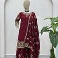 Royal Wine Silk Embroidered Palazzo Suit Designer Dupatta