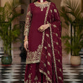 Royal Wine Silk Embroidered Palazzo Suit Designer Dupatta