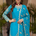 Royal Sky Blue Silk Embroidered Palazzo Suit Designer Dupatta