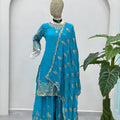 Royal Sky Blue Silk Embroidered Palazzo Suit Designer Dupatta
