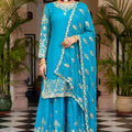 Royal Sky Blue Silk Embroidered Palazzo Suit Designer Dupatta