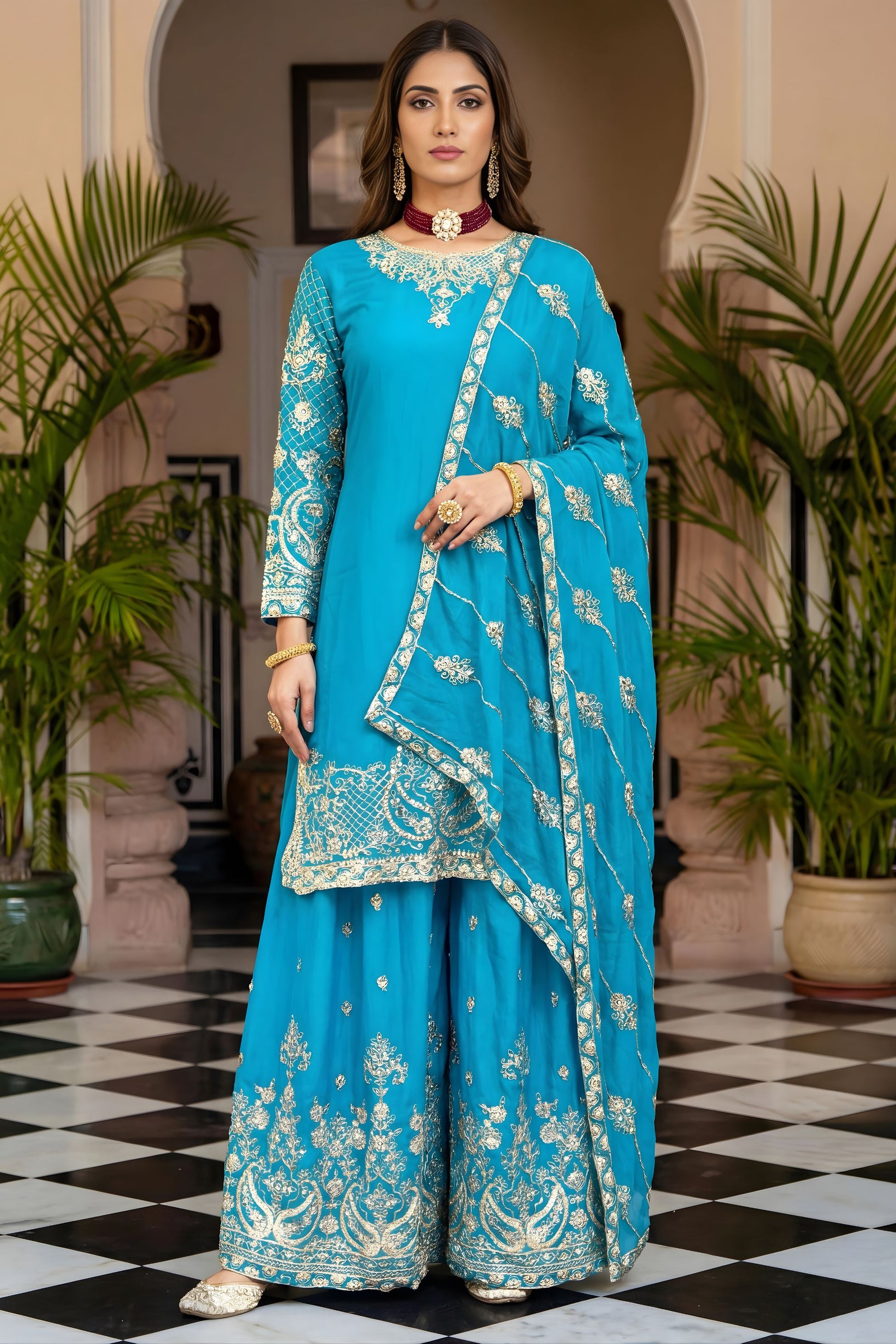 Royal Sky Blue Silk Embroidered Palazzo Suit Designer Dupatta