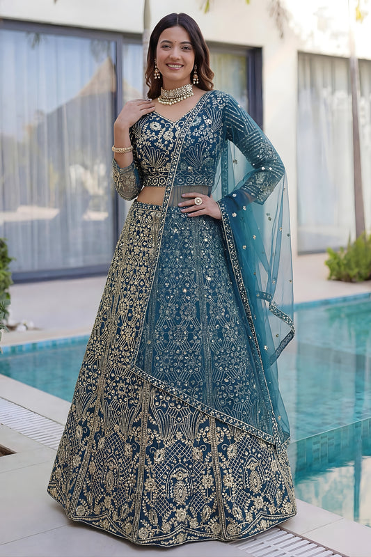 Luxury Teal Blue Butterfly Net Heavy Embroidered Bridal Lehenga Choli with Dupatta