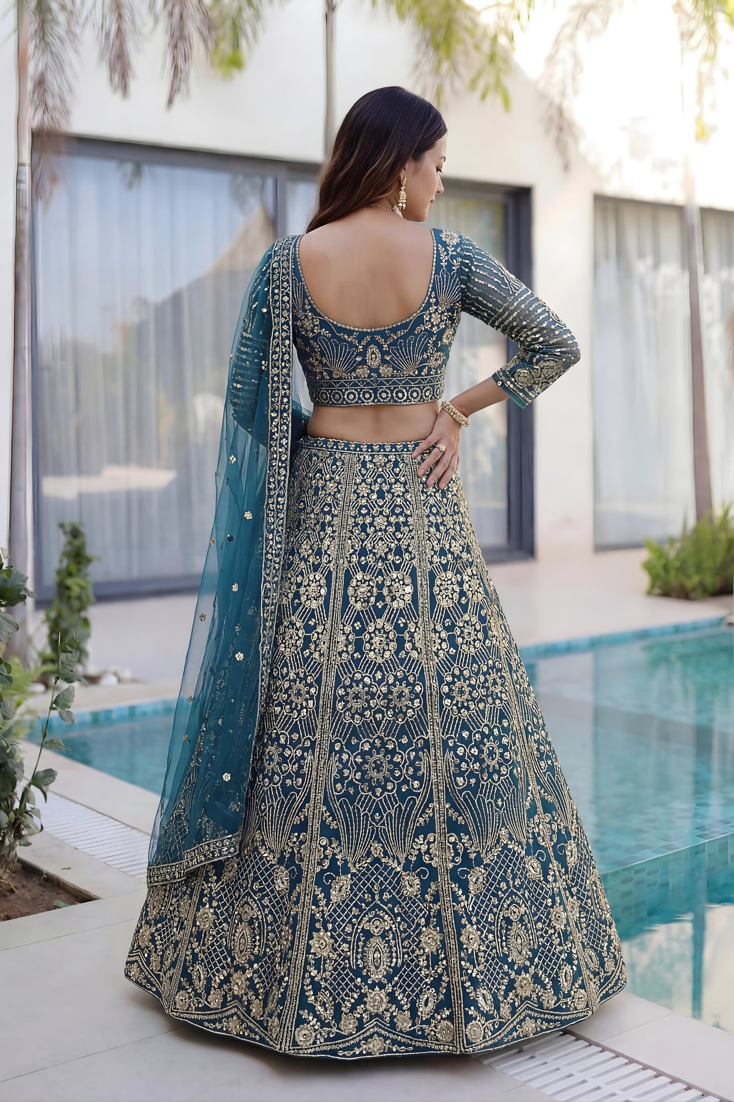Luxury Teal Blue Butterfly Net Heavy Embroidered Bridal Lehenga Choli with Dupatta