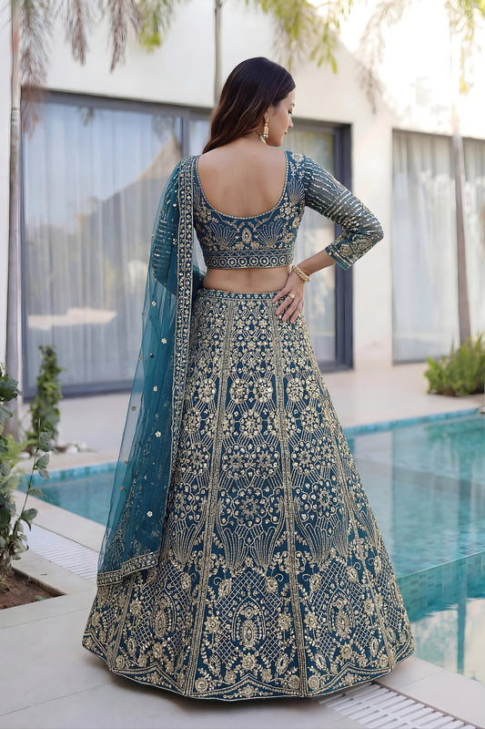 Luxury Teal Blue Butterfly Net Heavy Embroidered Bridal Lehenga Choli with Dupatta