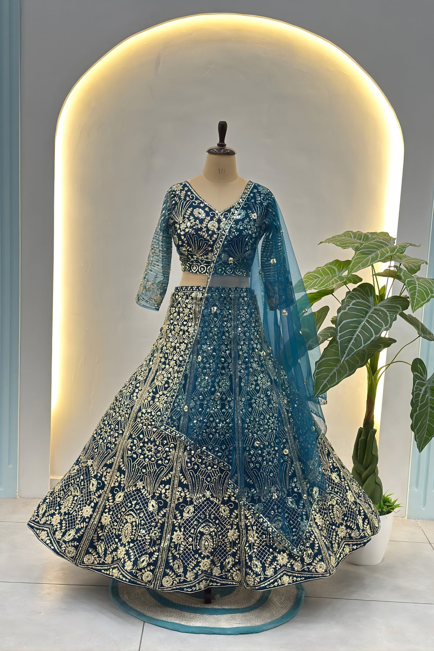 Luxury Teal Blue Butterfly Net Heavy Embroidered Bridal Lehenga Choli with Dupatta