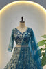 Luxury Teal Blue Butterfly Net Heavy Embroidered Bridal Lehenga Choli with Dupatta