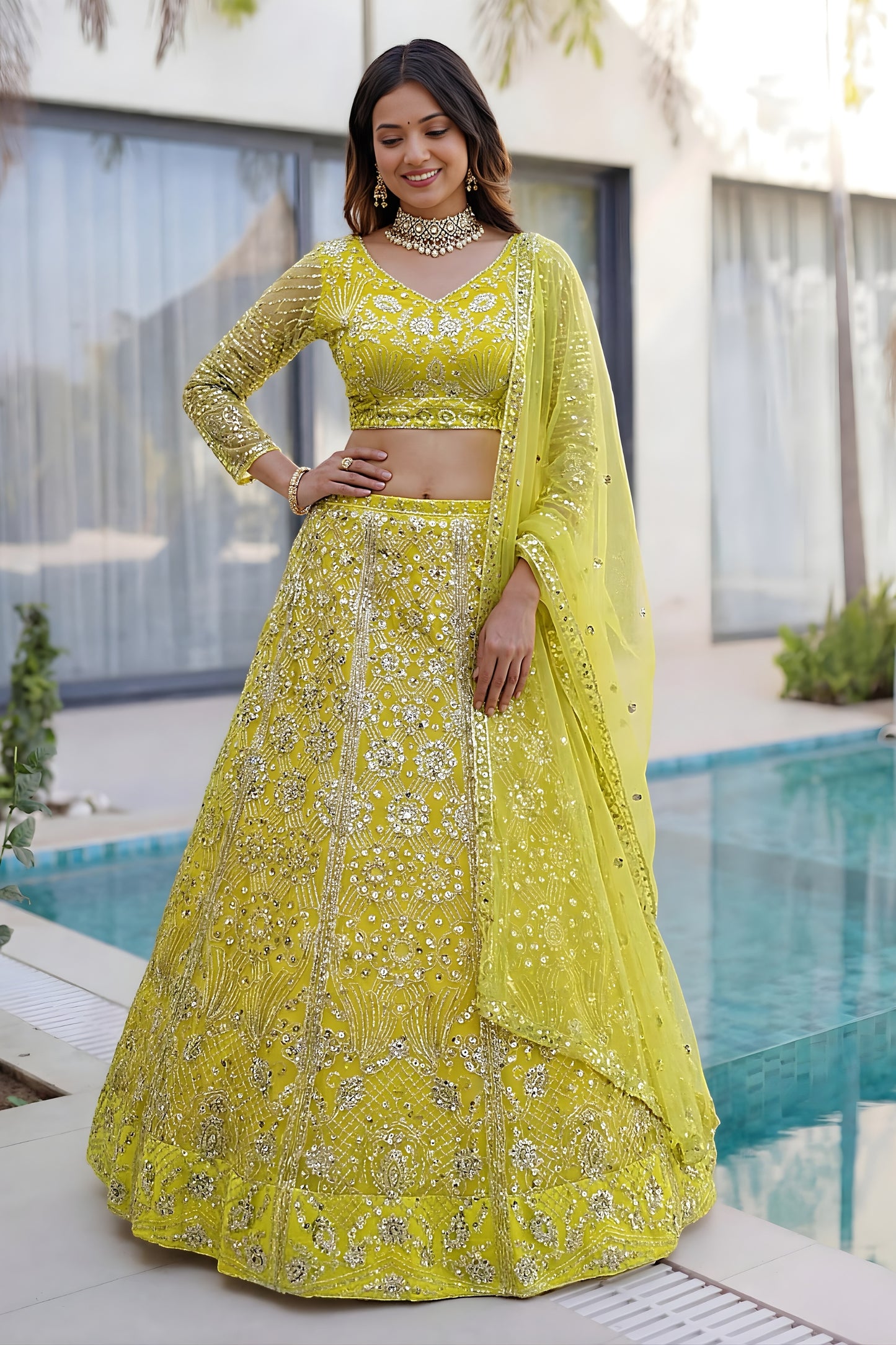 Beautiful Yellow Butterfly Net Heavy Embroidered Bridal Lehenga Choli with Dupatta